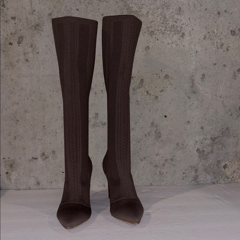 Charles by Charles David Taupe Knit Knee-High Pointed Toe Boots - Size 6.5